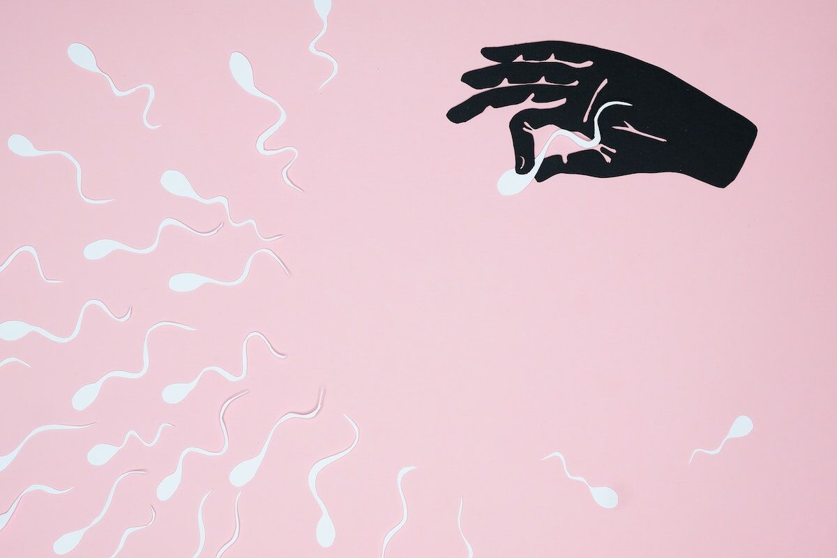 A Hand Holding a Sperm on Pink Background
